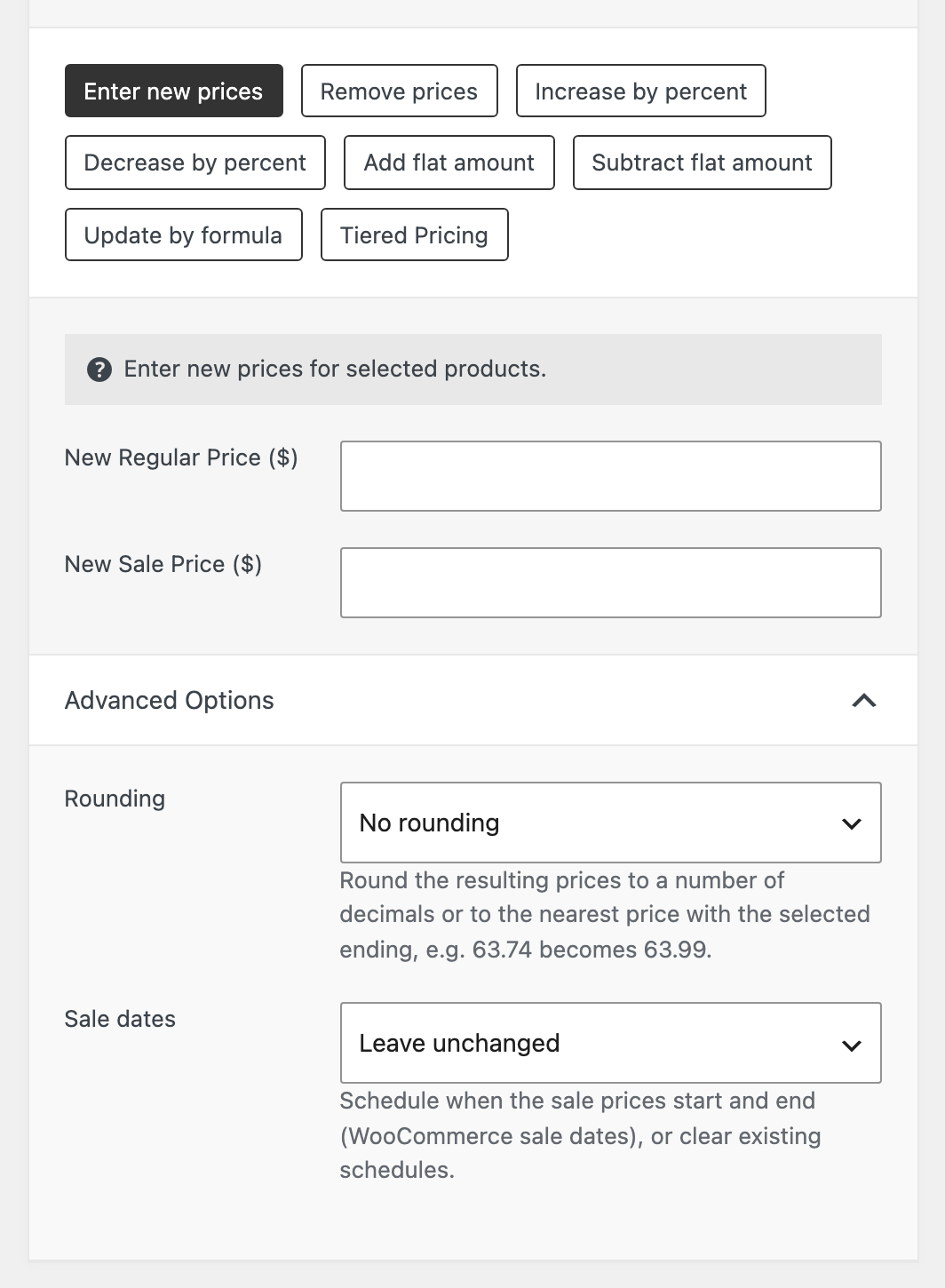 Advanced Options with the Rounding select and the Sale dates fields