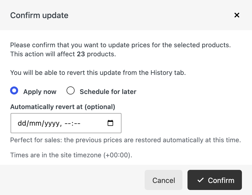 The confirmation dialog with Apply now, Schedule for later, and the automatic revert time