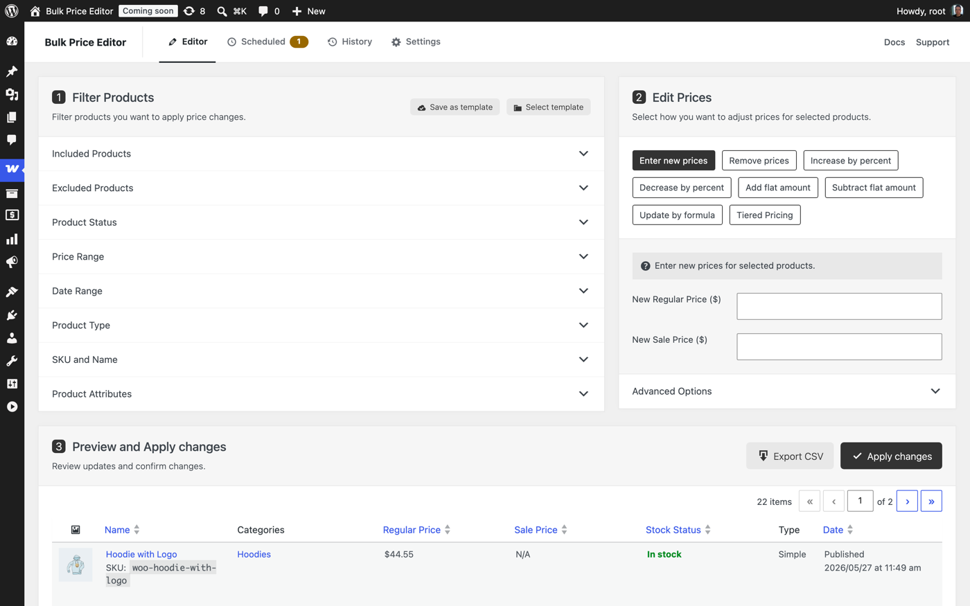 The Bulk Price Editor page: filters on the left, price modification methods on the right, and the preview table below
