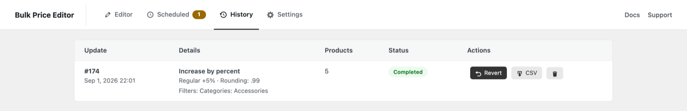 The History tab with a completed update showing its settings, filters, product count, status and the Revert and CSV buttons