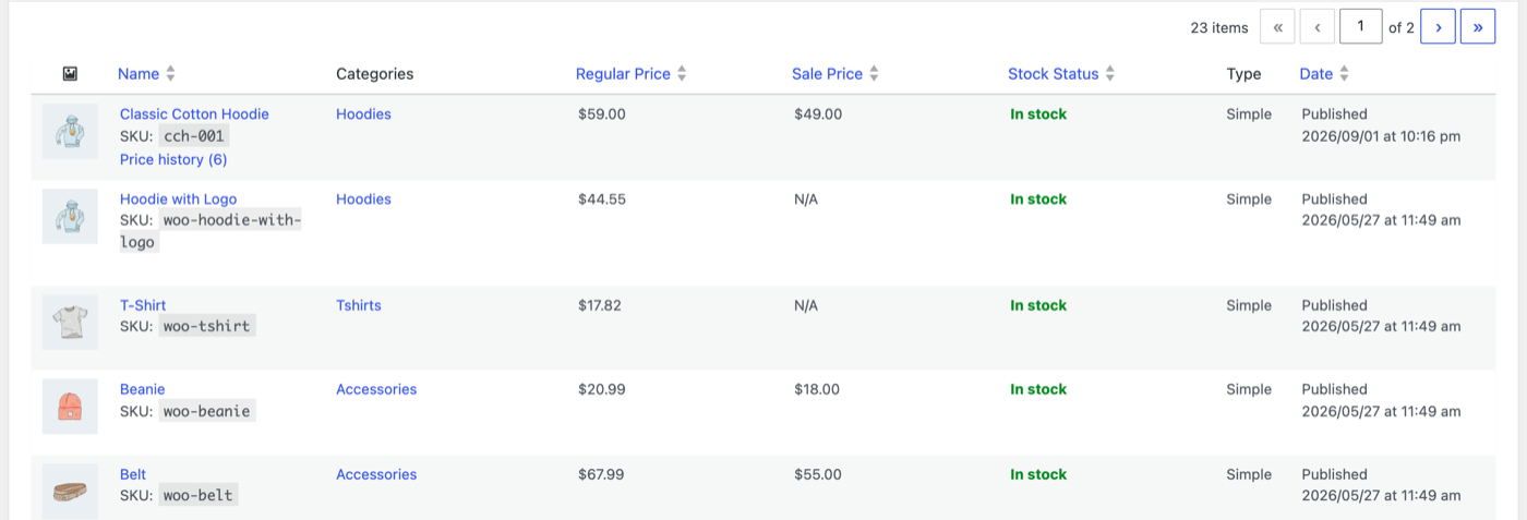 The preview table with the Price history row action shown under a product name