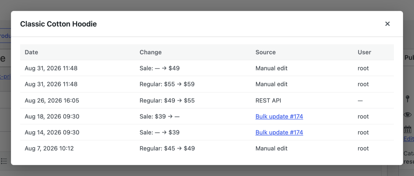 The Price history modal listing a product's recorded changes with date, change, source and user