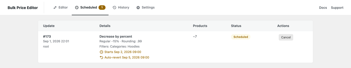 The Scheduled tab listing an upcoming update with its start time and automatic revert time