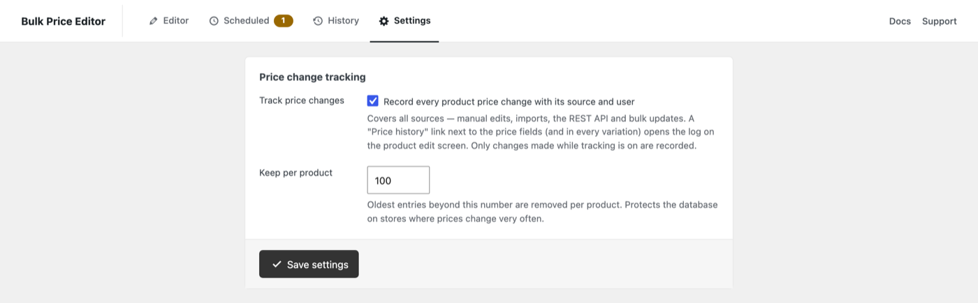 The Settings tab with the price change tracking toggle and the per-product retention limit